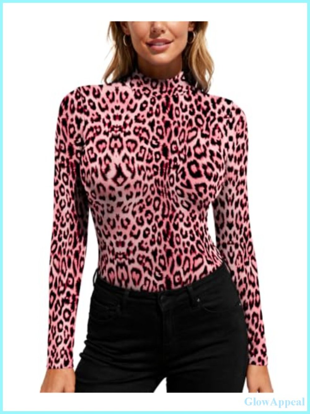 Mock Neck Long Sleeve Top Slim Fit Animal Print Baselayer